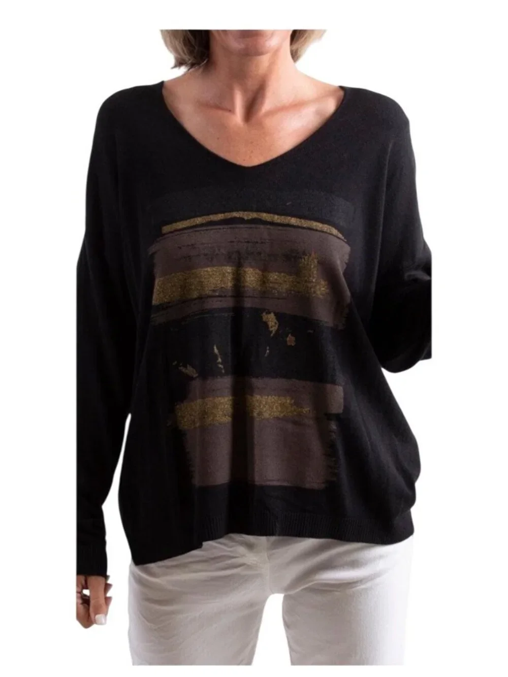 Gigi Moda Maya Knit Sweater With Metallic Brush Stroke Design - One Size f